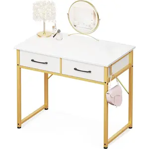 32 Inch Small Dressing Vanity Desk with 2 Drawers & Headphone Hook, Makeup Vanity Desk for Bedroom Without Mirror,Modern Space-Saving Design for Small Spaces White-Gold