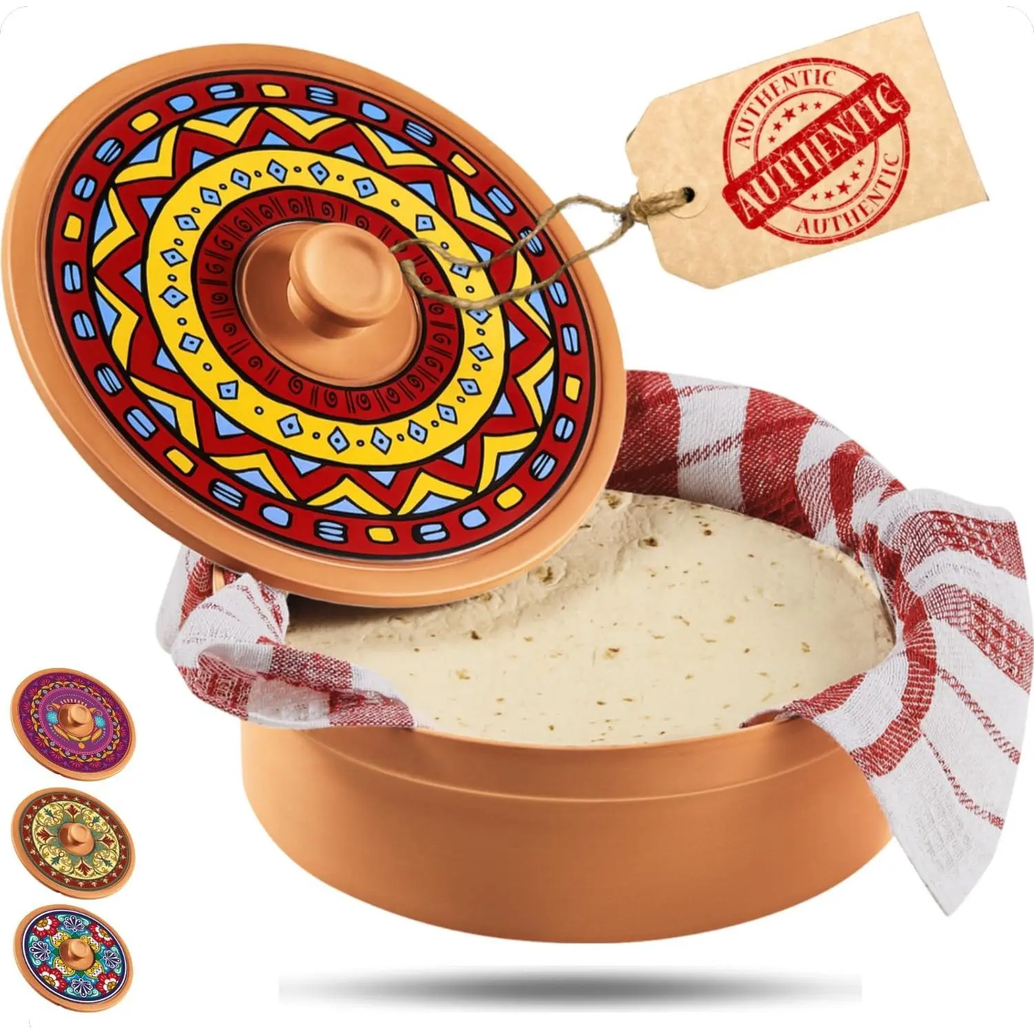 Mexican Terracotta Tortilla Warmer for Thanksgiving | Authentic Terra Cotta Tortilla Holder with Warmer Cloth |  Clay Tortillero Keeps 8" Tortillas Warm | Bread Warmer for Fall Dinner Party