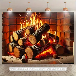 2D Flat, 1pc Realistic Fireplace 2D Wall Tapestry - Self-Lit Flame Effect Log Cabin Backdrop, Easy Peel & Stick Wallpaper-like Design for Home Theater, Parties & Photo Studio Background, 2D Flat, Christmas Backdrop, Fireplace Backdrop, Christmas