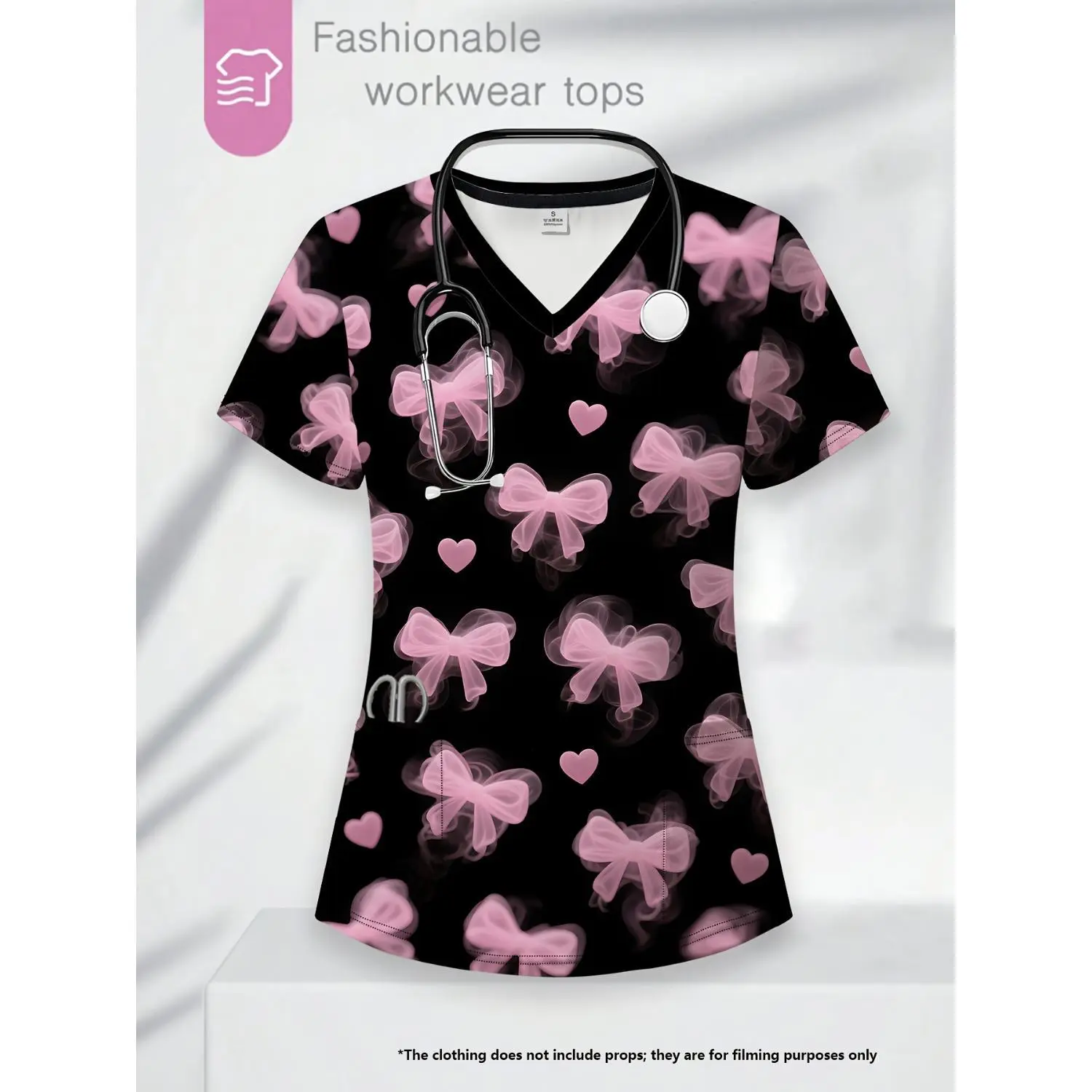 Chic Dark V-neck Workwear Top with Pink Butterfly Festival Print, Short-Sleeve Patch Pocket Nurse Uniform T-shirt for Women