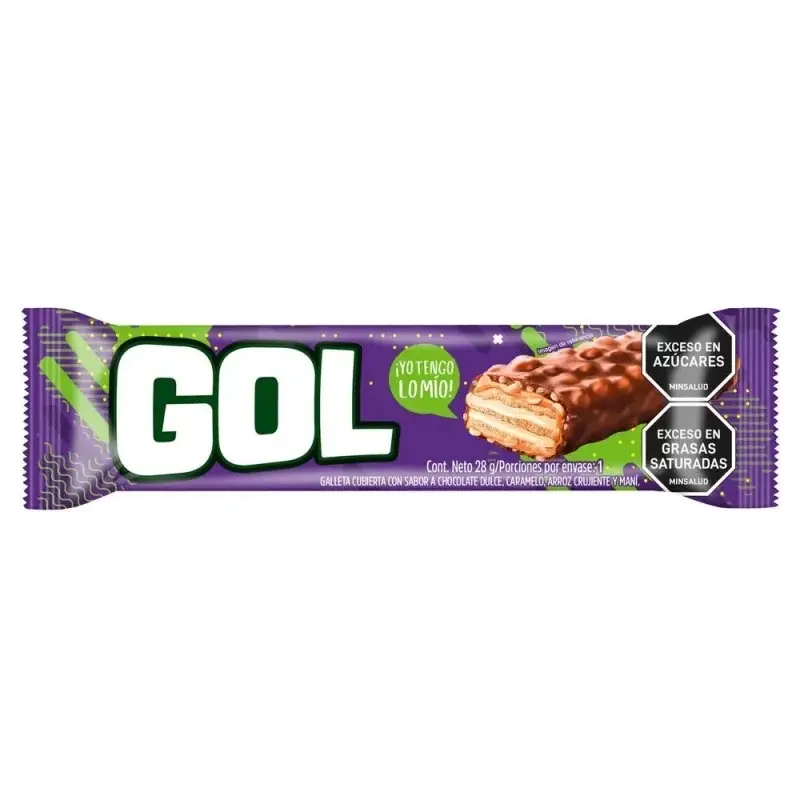 Chocolatina Gol 28 gr Galleta Cubierta con Chocolate Arroz Crujiente Caramelo y Mani Chocolatina Gol 28 gr Galleta Cubierta con Chocolate Arroz Crujiente Caramelo y Mani