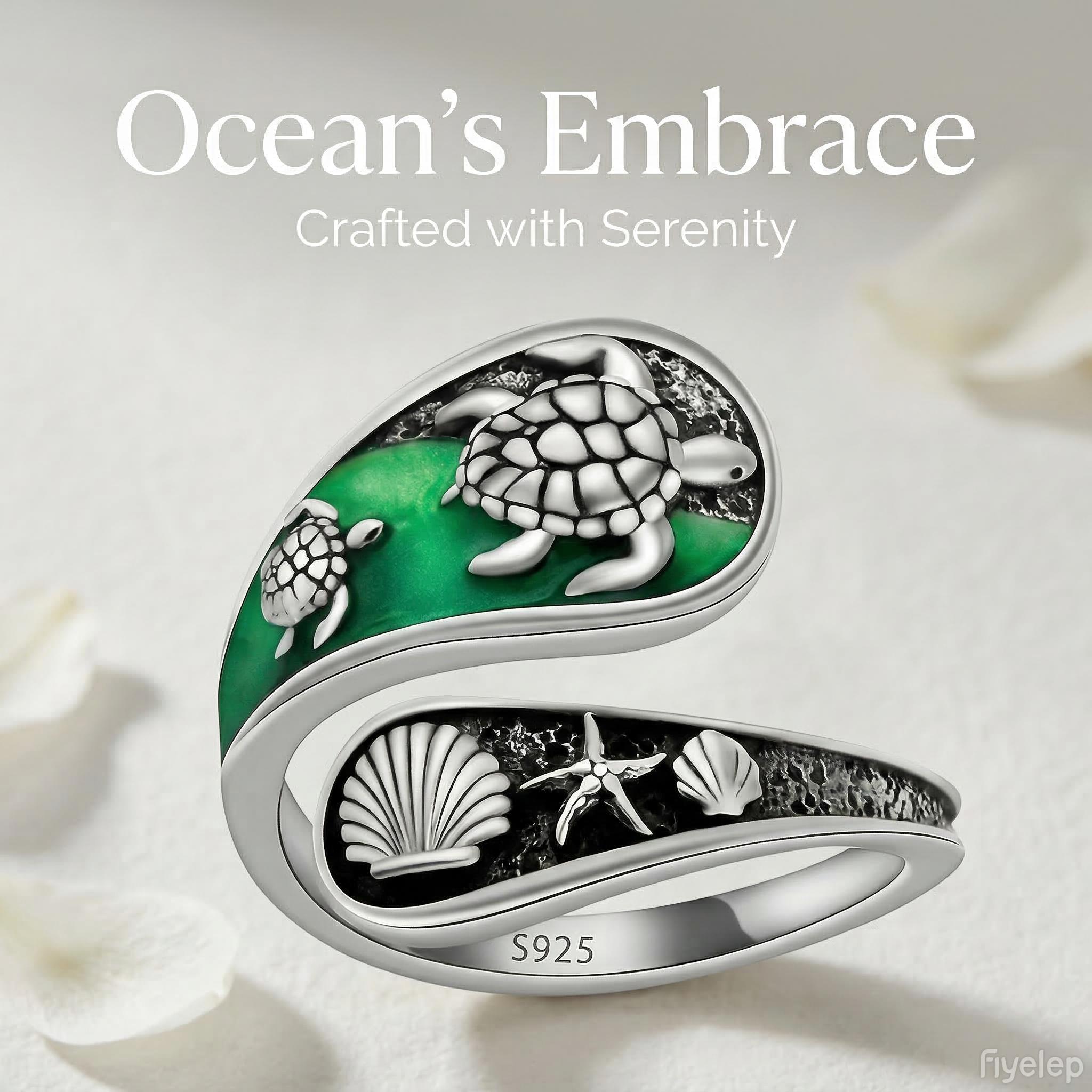 【HXS】925 Sterling Silver Sea Turtle Adjustable Ring with Green Enamel Beach Shell Starfish Ocean Jewelry Gift