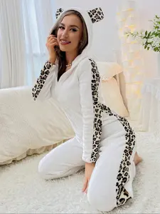 Autumn Winter New Cute Hooded Fuzzy Pajamas for Women, Thick Warm Comfortable Leopard Print One-Piece Sleepwear Home Wear