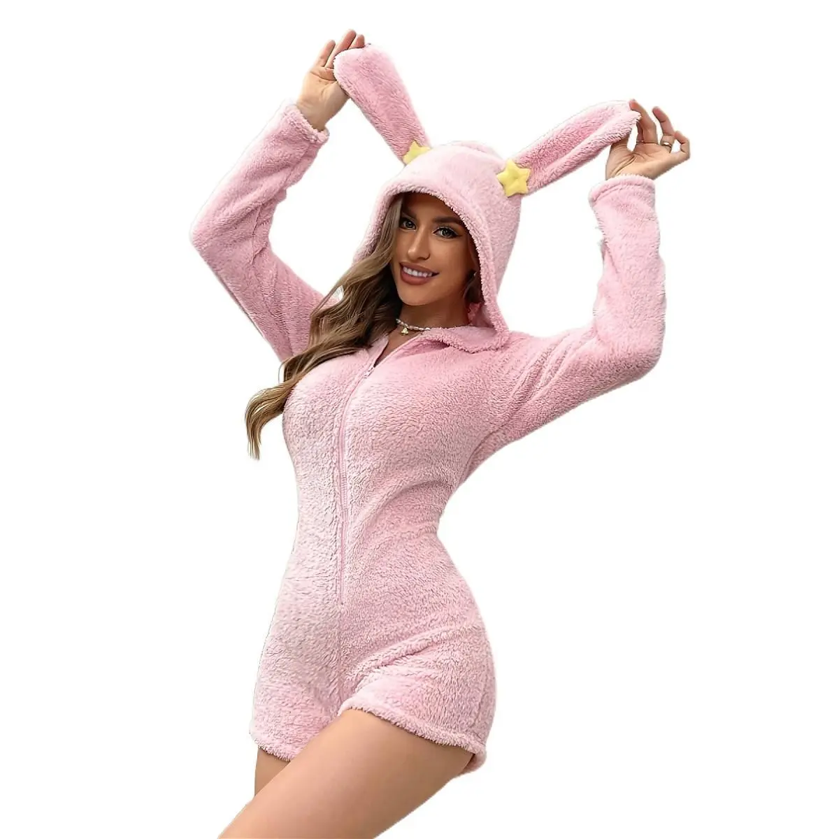 Cozy Pink Fleece Women'S Hooded Onesie with Bunny Ears & Stars - Soft Plush Long Sleeve Sleepwear, Perfect for Fall/Winter, Casual & Comfortable Design, Winter Sleepwear |   Playful Design |   Plush Fleece Material Knit Loungewear Womenswear Solid