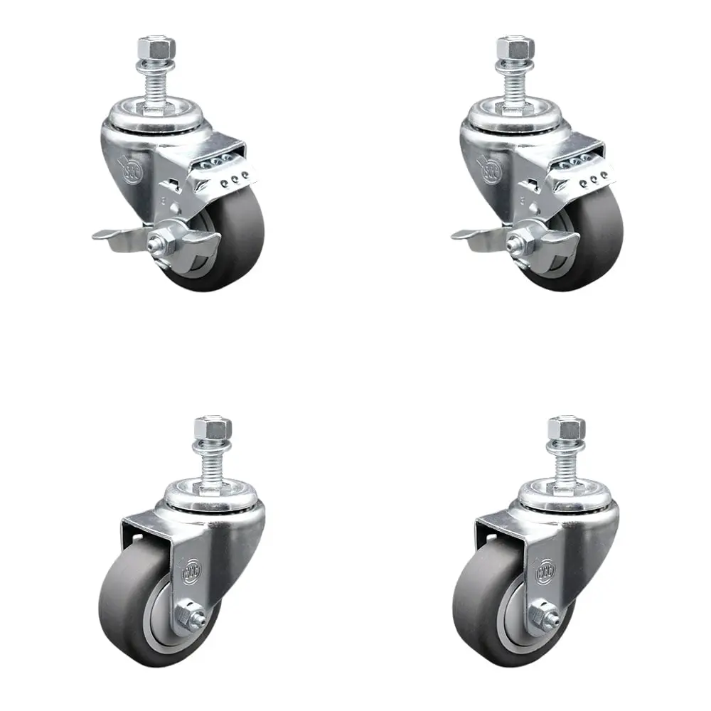 Service Caster SCC-TS20S314-TPRB-M1215-2-TLB-2 Threaded Thermoplastic Castors for Carts/Equipment/Material Handling - 3x1.25 in. Gray Rubber Wheels, 12 mm Metric Swivel Stems, 840 lbs Total Capacity, Set of 4 with 2 Top Locking Brakes, Brake, 12 Mm Metric