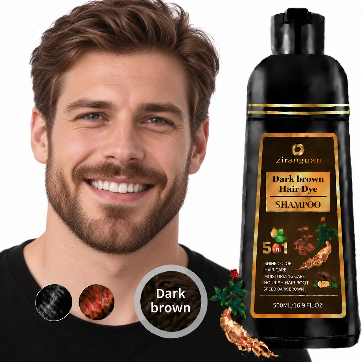 3-in-1 Dark Brown Hair Dye Shampoo for Men & Women, 10-15 Min Instant Gray Coverage, Ammonia-Free PPD-Free Herbal Scalp-Friendly Formula, 500ml/16.9 Fl Oz Color-Depositing Kit for Hair, Beard & Mustache Touch-Up