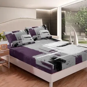 Feelyou Modern Luxury Queen-Size Abstract Art Bedsheet Set - Purple Grey White Microfiber Fitted Sheet, Easy-Care Comfy Bedding, Bedsheet Sets