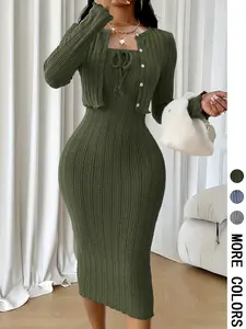 Women's Casual Striped Bow Backless Knit Dress Set with Short Jacket Top, Sweet Holiday Style Two-Piece