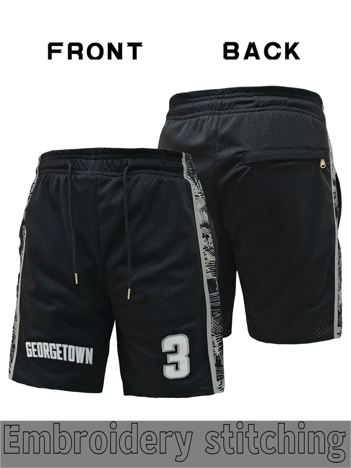 Men's 3 Retro Basketball Shorts, Embroidered Breathable Shorts, Georgetown letter embroidery, retro mesh breathable and comfortable, drawstring design sports pants, suitable for college basketball training and competition, daily leisure