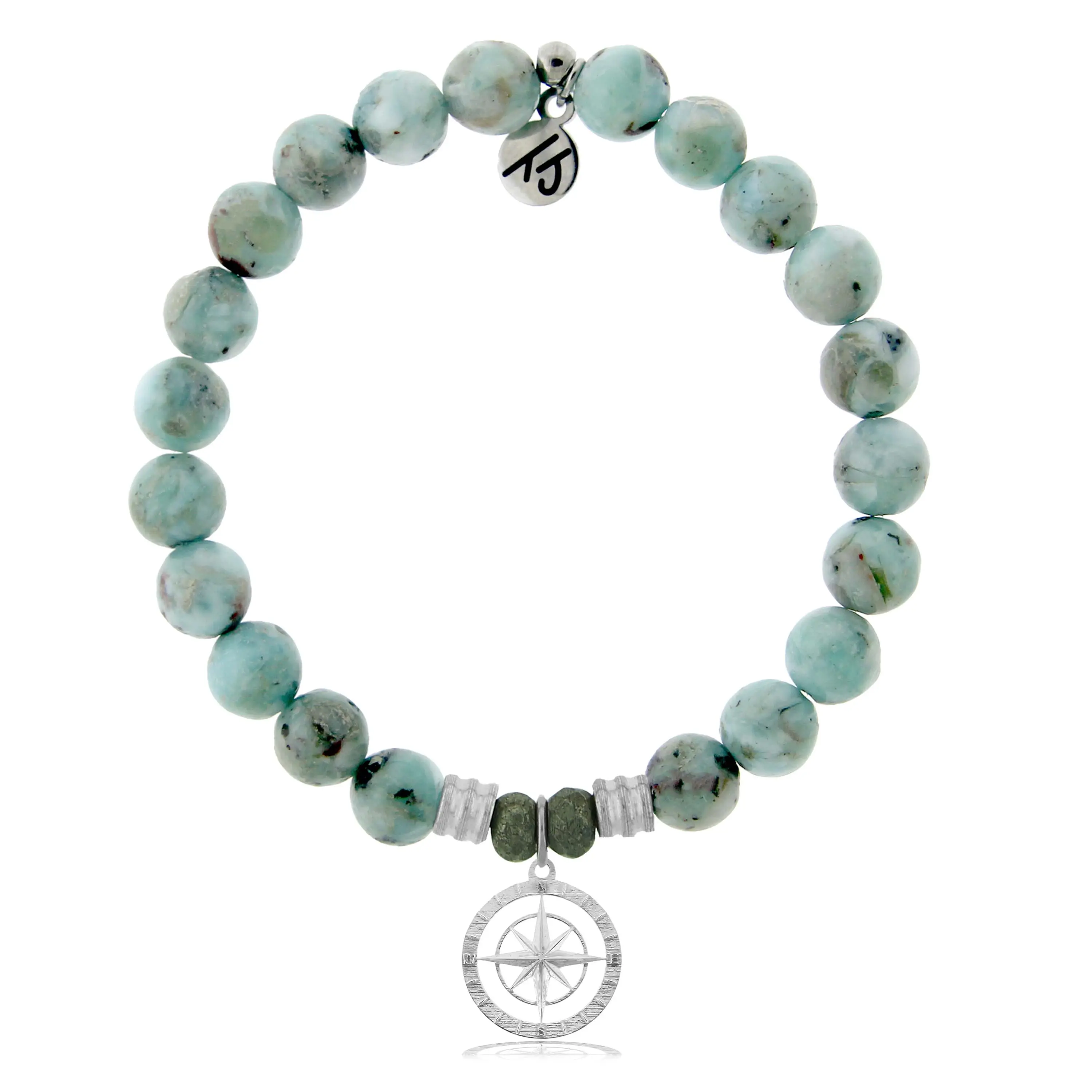 Larimar Gemstone Bracelet with Compass Rose Sterling Silver Charm