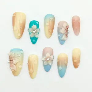 Moonovate - ORANGE SEA 10pcs Handmade Press On Nails Almond Nails REUSABLE 3D Gel Fake Nails Acrylic Press On Nails											
