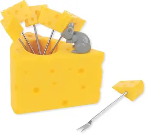 Swiss Cheese Cocktail Picks Set with Holder, Reusable Appetizer Forks for Cheese, Fruit, Snacks, Party or Bar Use, Polyresin Holder and 6 Pack Stainless Steel Picks