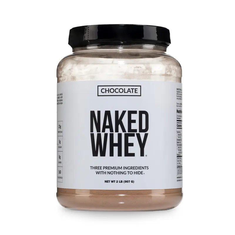 Naked Whey Chocolate Protein Powder - 2LB Grass-Fed, Non-GMO, No Additives, 25g Protein, 5.9g BCAAs - Only 3 Ingredients