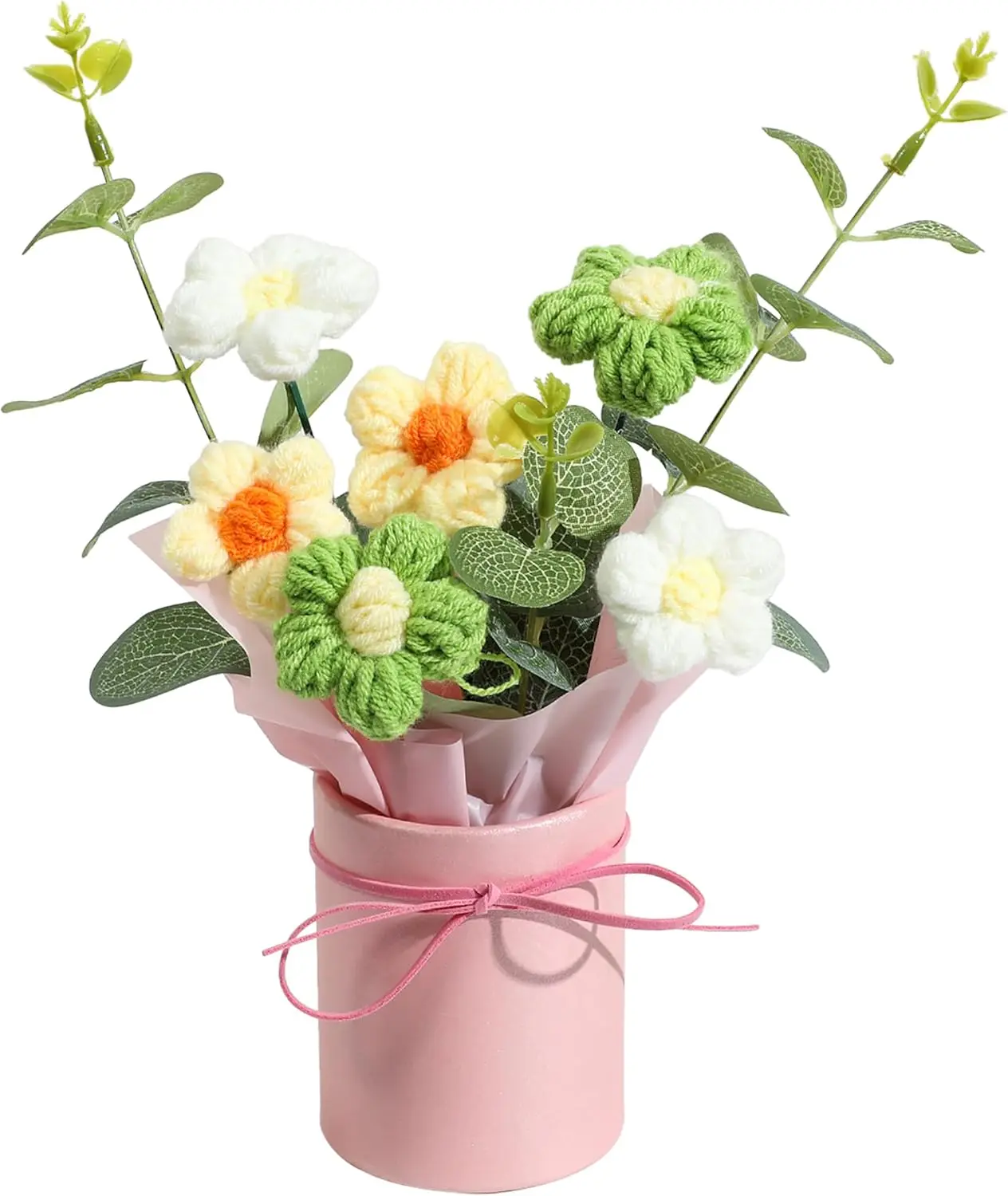 Handmade Crochet Flower Bouquet – Yellow Daisy Artificial Knitted Flowers with Gift Card | Romantic Wedding, Birthday & Anniversary Gift for Women, Mom, Wife, Girlfriend