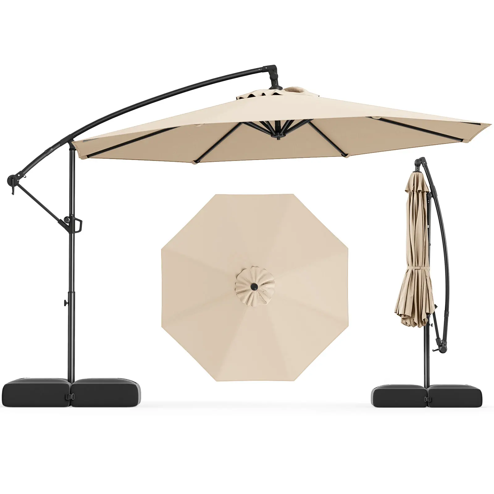 COSTWAY - 10 Feet Offset Hanging Umbrella with Base Patio Cantilever Umbrella with Tilt-Beige