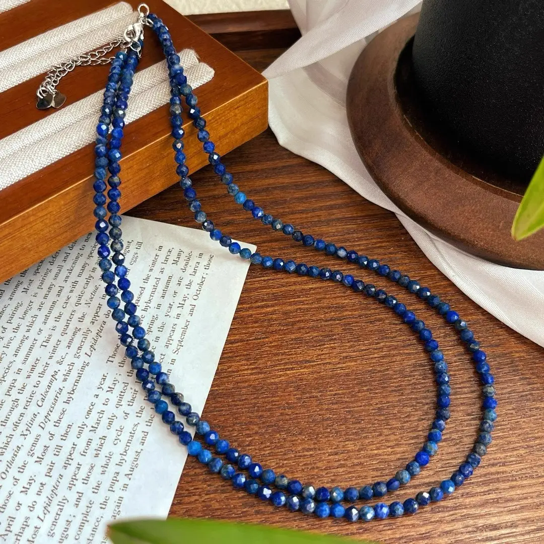 Natural Genuine Lapis Lazuli Faceted 2mm Tiny Beads Choker Healing Crystal Dainty Minimalist Chain Necklace Gift