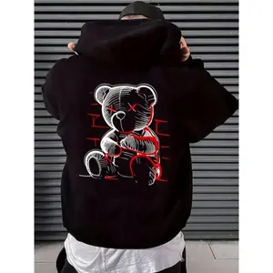 1pc Men's Casual Cotton Hoodie with Teddy Bear Print - Long Sleeve Pullover Hooded Sweatshirt, Knit Fabric with Slight Stretch, Regular Fit for All Seasons