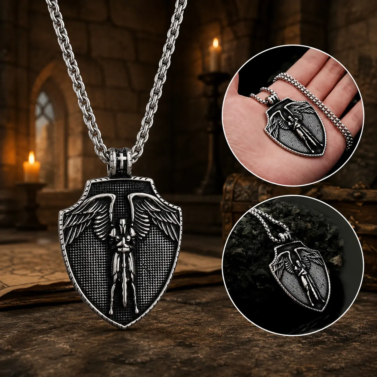 The Armored Kingdom Archangel Protector Shield Necklace - Angel-Themed, Warrior Armor, Detailed Design, Durable Chain Fashion Costume Jewelry Accessory, Angel-Themed Necklaces, Warrior Armor Necklaces