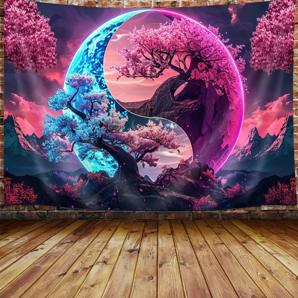 Linen Print Tapestry - 60x40 in Classic Geometric Tree Life Wall Hanging with Pink Flowers, Sun, Moon, Yin Yang, Galaxy Art, Animals, Romance - Machine Washable Home Supplies for Girls' Bedroom Decor