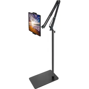 Tablet Floor Stand with Double Weight Base, Overhead Bed Phone Mount Height Adjustable Arm Stretchable Stand Holder, Compatible with iPad Mini Air Pro, Galaxy Tab, Kindle, Switch, Cell Phones