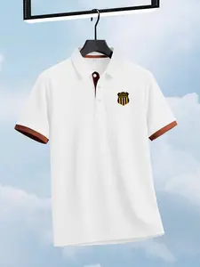 Men's Fashion Print Polo Shirt, Creative Simple Horse Pattern Short Sleeve Collared Top, Collar and Color Block Sleeves, Summer Casual Golf Shirt