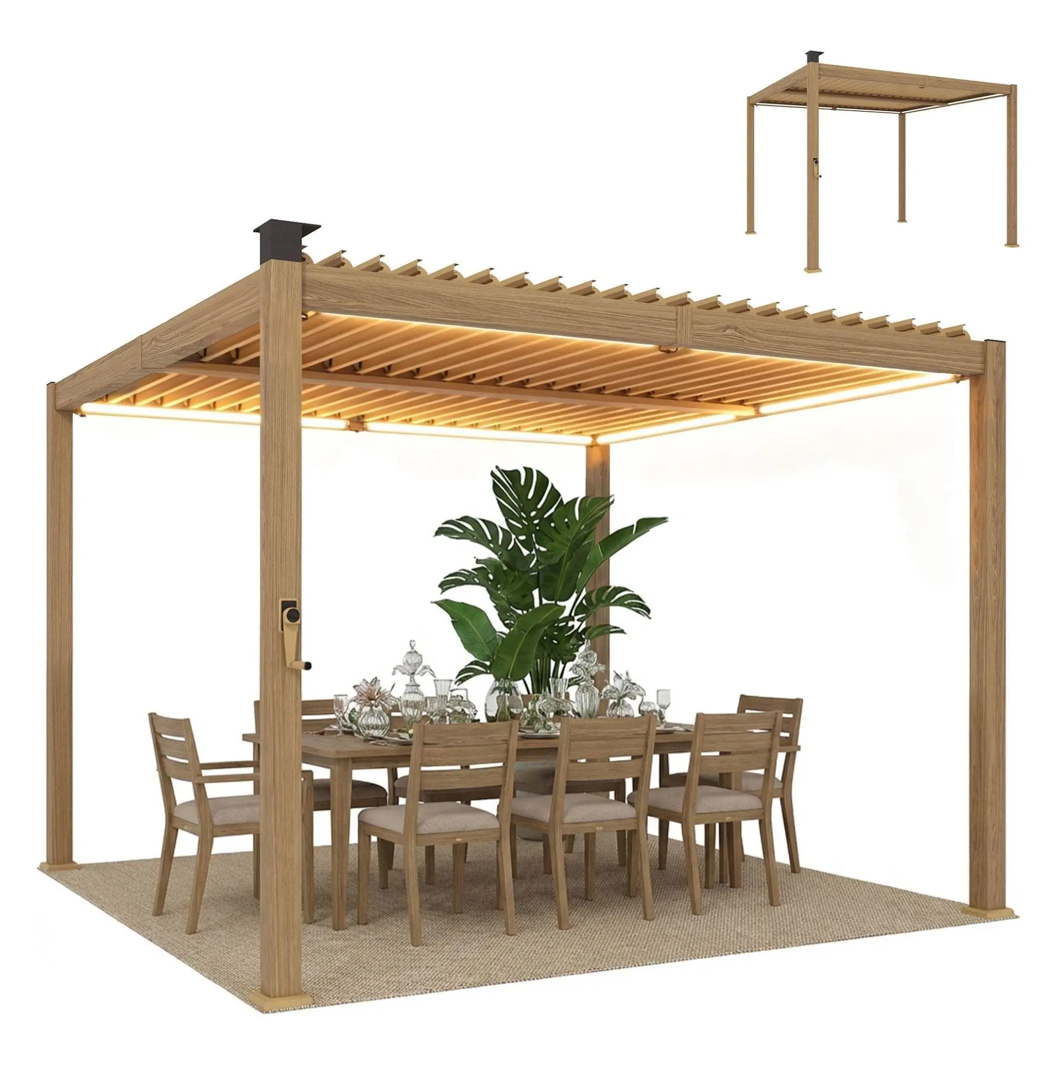 10x10 Louvered Pergola with Solar Lights, Metal Roof Gazebo, Brown Default Title