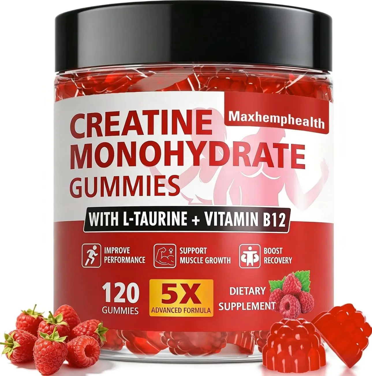 Creatine Gummies for Men & Women, Creatine Monohydrate Gummies 5g, Build Muscle, Strength, Recovery, Cognitive Health & Memory, Pre Workout Supplement, 120 Count Raspberry Chewable Gummy