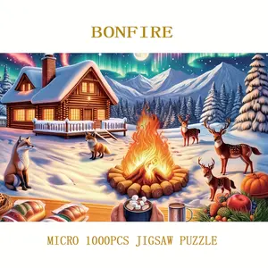 Cozy Campfire Bliss: 500pcs Blue Deer Mini Jigsaw Puzzle for Adults | 14.96x10.24inch Finished Size | Mindful Relaxation Applied for Party Games & Activities between family,friends, Family Activities, Mindful Meditation, Nature Theme, Scenic Puzzle