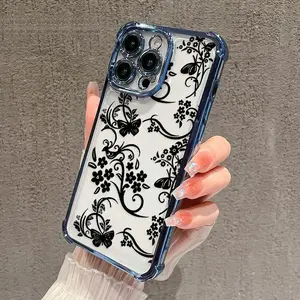 Elegant Floral Vines Pattern Four Corner Anti-Fall Phone Case Transparent Electroplated Protective Cover for iPhone 17/16 Pro Max 15 Plus 14 13 12 11