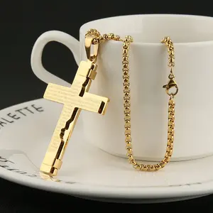 Religion Cross Lord's Prayer Pendant Necklace,14K Gold filled Chain Style,Simple Faith Jewelry for Men,Suitable for Adults