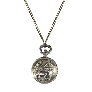 OIDEA Alloy Swiss Village Bucklereless Pocket & Fob Watch - Quartz Antique Bronze Necklace, Embossed Alpine Scene Case, Travel Collectible, Vintage Gift for Men with Velvet Pouch