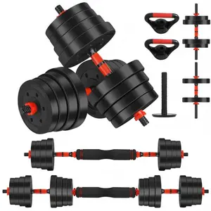 FIXTECH 90LBS 4 in 1 Adjustable Dumbbell Set with Connecting Rod Used as Barbell, Kettlebells, Push up Stand, Fitness Exercises for Home Gym, Red