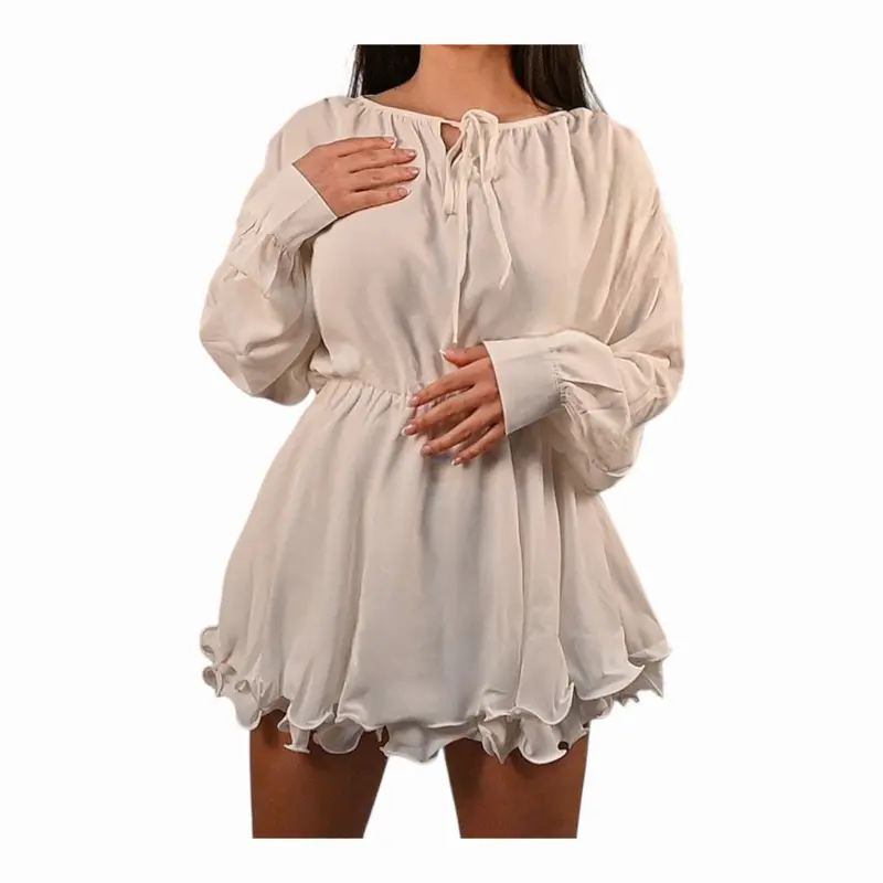 White Long Sleeve Women's Dress with Ruffle Hem and Lace-Up Neckline for Casual Wear