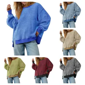 Imily Bela  Women's Fall Oversized Sweatshirt Casual Waffle Knit Long Sleeve Crewneck Split Pullover Tunic Tops