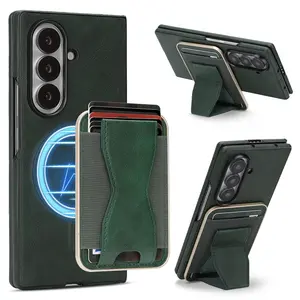 Samsung Galaxy Z Fold 7 6 5 4 3 Magnetic Leather Hinge Case Wallet Cards Holder For Magsafe Wireless Charging Shockproof Protective Cover Smartphone Casing