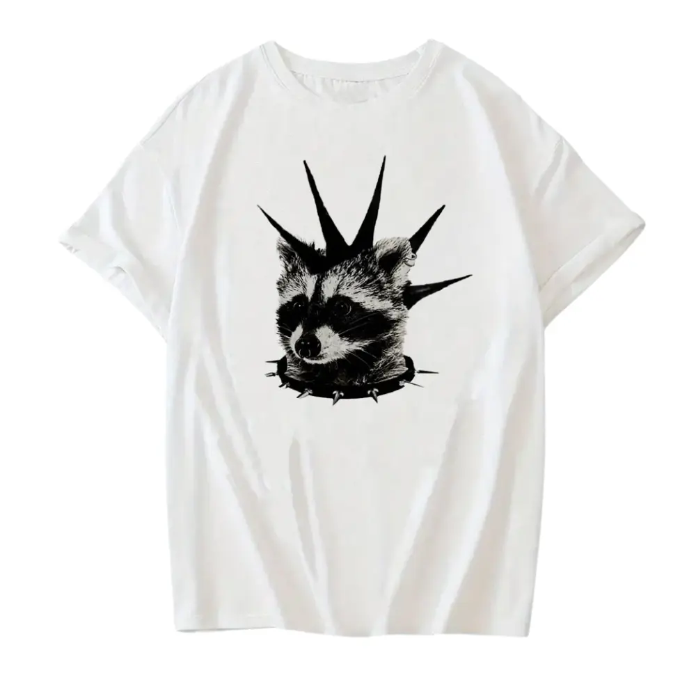 Punk Raccoon Graphic T-Shirt | Spiked Collar & Mohawk Design | Funny Animal Illustration | Casual White Short Sleeve Tee