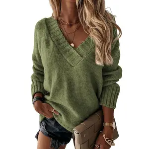 WomensLooseSweatersSexyVNeckLongSleeveSolidKnittedJumperPulloverSweatshirtTops