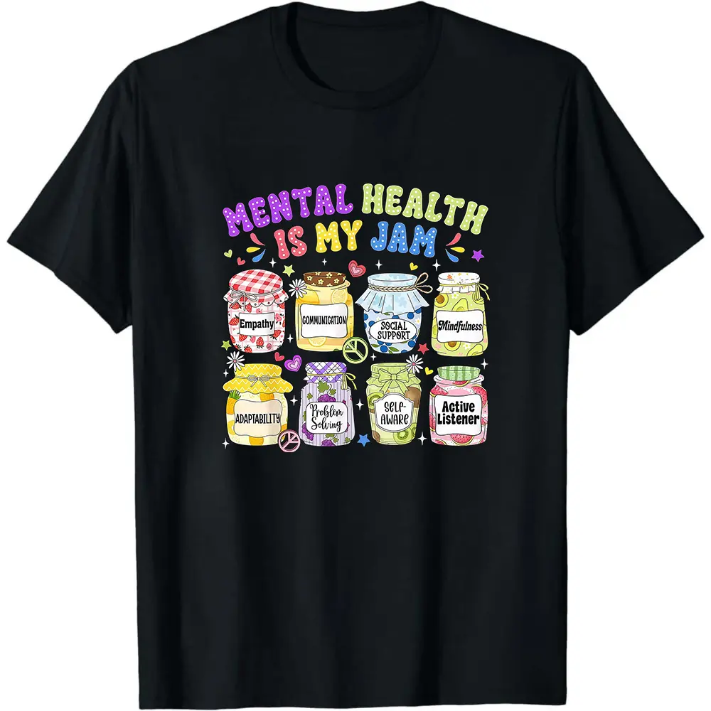 Mental Health Is My Jam Cute Fruit Jars Retro Graphic Tee, Black Positive Mental Health Casual Unisex Short Sleeve Top