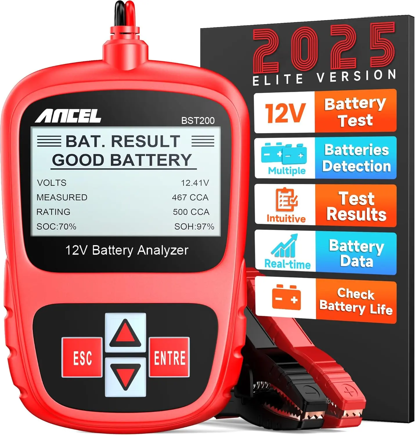 ANCEL BST200 12V Automotive Battery Relay Tester - 100-1100 CCA Digital Load Test Tool, Bad Cell Analyzer for Cars, Trucks