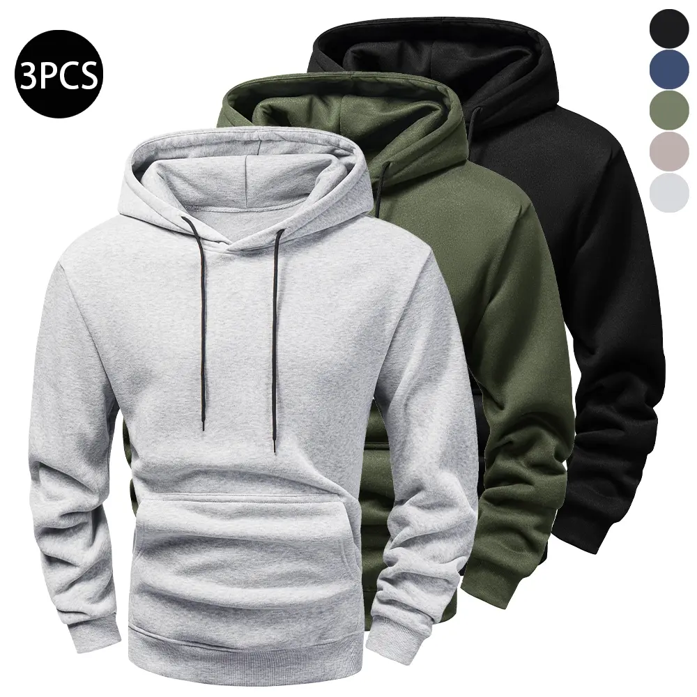 Men's Plain Long-Sleeve Polyester Pullover Hoodie Tops - Cozy Regular Fit, Autumn Winter Casual Streetwear, Fashion Menswear, Black/Army Green/Light Gray Sports Sweatshirt
