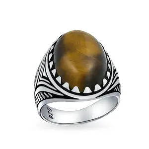 Mens Silver Ring Black Onyx Blue Turquoise Tiger Eye Gemstone Lion Claw Design
