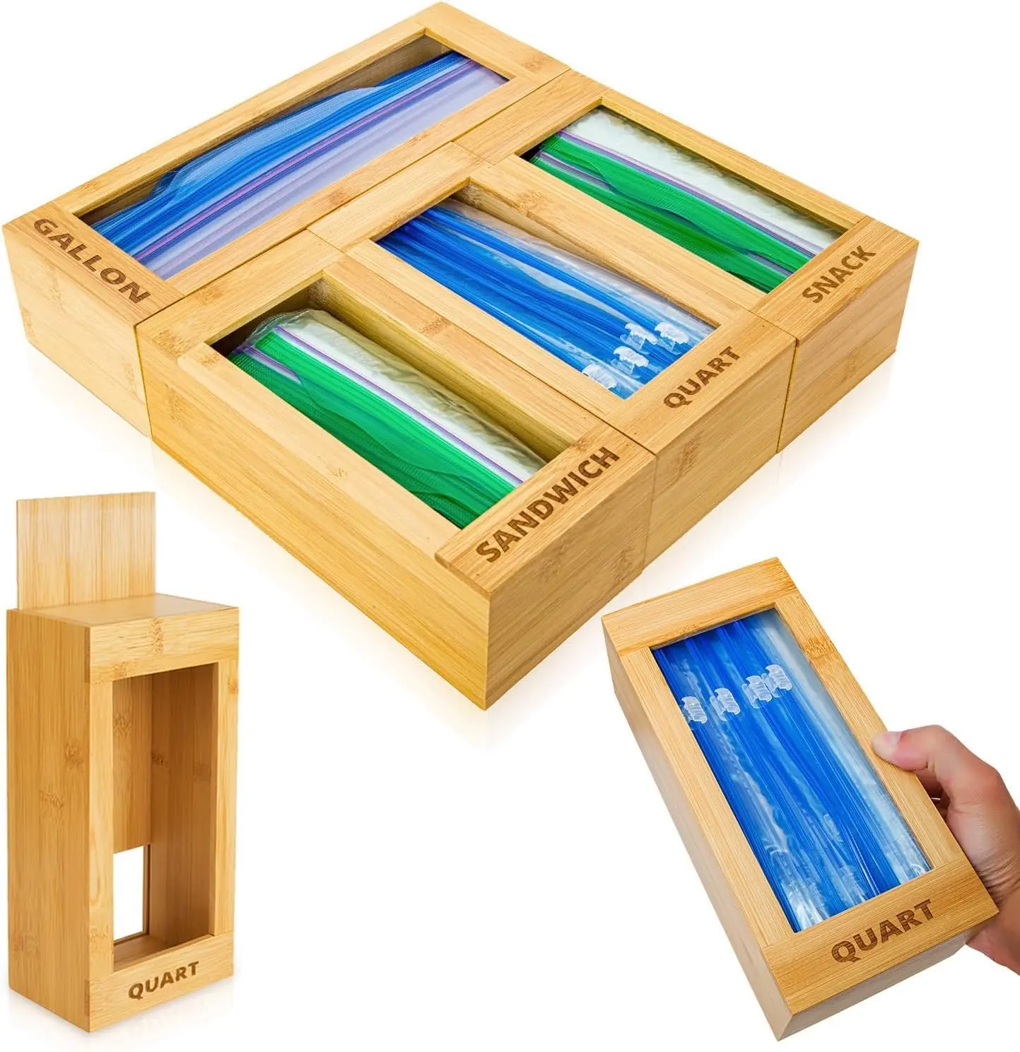 4 Pack Bamboo Kitchen Drawer Organizer, All Size Zipper Food Bag Holder Dispenser, Tidy Up Your Kitchen Drawers