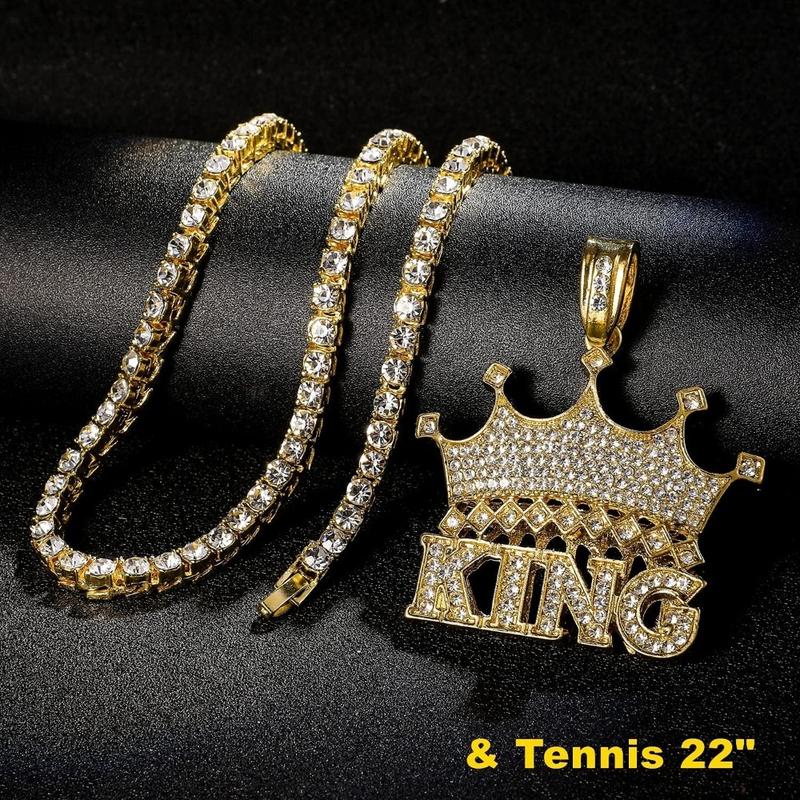 14k Gold Silver Plated Hip Ho Rapper Pendant Chain Necklace for Men-Iced Out Diamond King Pendant with 22 Inch Rope Tennis Chains