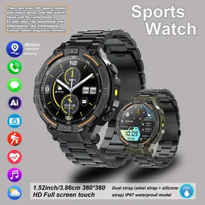 Outdoor smart watch, 1.53-inch touchscreen with wireless calling, over 100 sports modes and watch faces, AI voice assistant, compatible with Android and iPhone, flashlight function, fitness watch wearable device, stainless steel strap waterproof watch.
