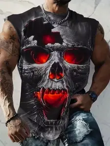 Men's Fashion Casual Breathable Sleeveless Vest, 3D Skull Print, Summer Fitness Workout Sports Wear, All Seasons, Fitted Style, No Ca Prop 65