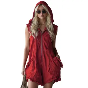 Women's 2026 New Sleeveless Hooded Zip Front Romper, Loose Fit With Pockets & Ruffle Trim Short Playsuit Jumpsuit