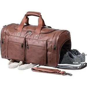 FR Fashion Co. Waterproof Leather Large Carry-On Travel Duffel Bag - 52L Capacity, Adjustable Strap, Dual Zippered Pockets, Vintage Look, 21" x 10.5" x 12"