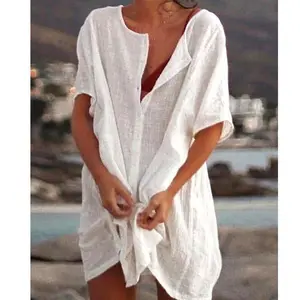 Women's Swimsuit Coverup Shirt Dress Button Down Short Sleeve Tunics Tops Bathing Suit Cover Up Vacation Beachwear