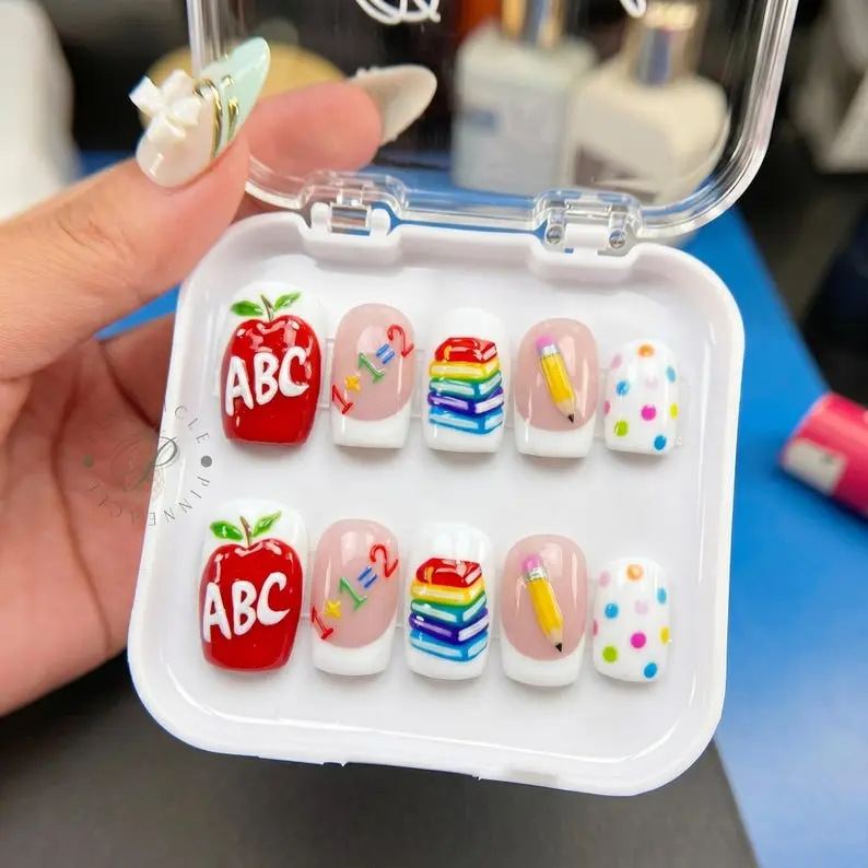Teacher Press On Nails, Back To School Nails, Apple ABC Nails, Classroom Nails, Teacher Appreciation Press Ons