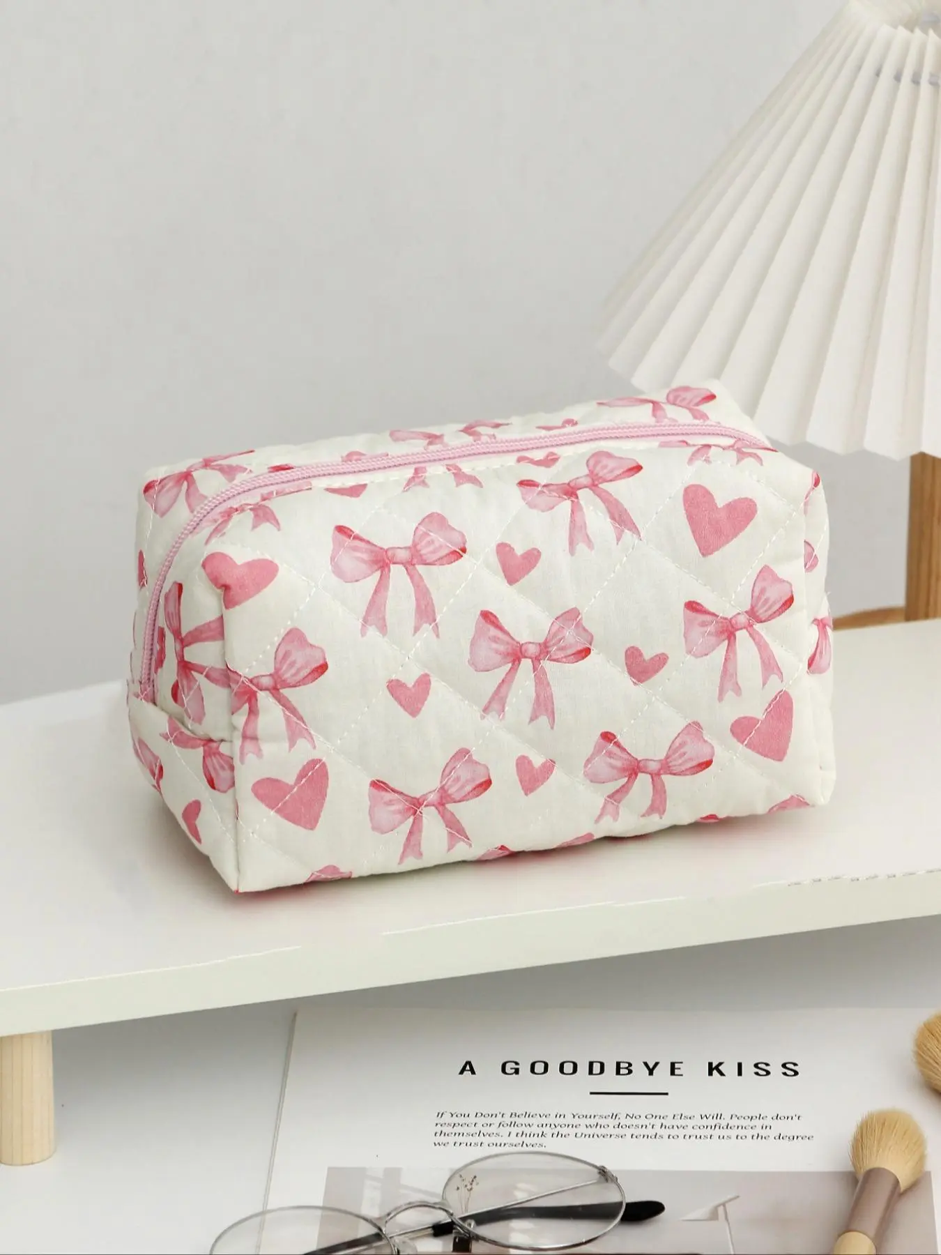 Cute Bow & Heart Pattern Makeup Bag, Large Capacity Cosmetic Storage Bag, Zipper Makeup Organizer Pouch, Versatile Storage Bag for Women Travel & Daily Use, Travel Cosmetic Bags, Cosmetics Organizer, Travel Beauty Bag